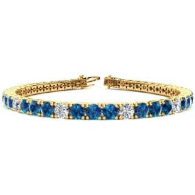 11 3/4 Carat Blue and White Diamond Alternating Mens Tennis Bracelet In 14 Karat Yellow Gold, 9 Inches