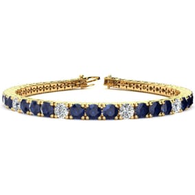 12 3/4 Carat Sapphire and Diamond Alternating Mens Tennis Bracelet In 14 Karat Yellow Gold, 7 1/2 Inches