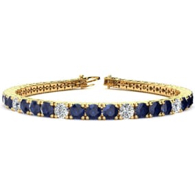 14 1/2 Carat Natural Sapphire and Diamond Alternating Mens Tennis Bracelet In 14 Karat Yellow Gold, 8 1/2 Inches