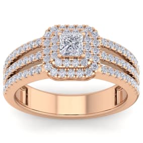 1 Carat Princess Shape Double Halo Diamond Engagement Ring In 14 Karat Rose Gold