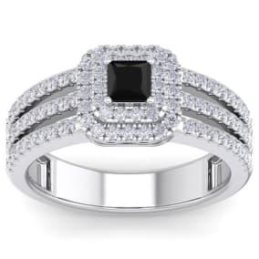 1 Carat Princess Shape Double Halo Black and White Diamond Engagement Ring In 14 Karat White Gold