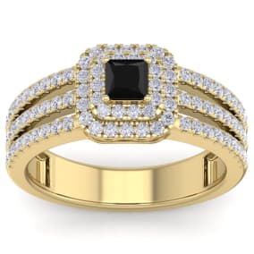 1 Carat Princess Shape Double Halo Black and White Diamond Engagement Ring In 14 Karat Yellow Gold