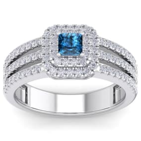 1 Carat Princess Shape Double Halo Blue and White Diamond Engagement Ring In 14 Karat White Gold