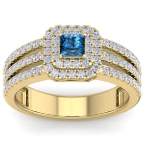 1 Carat Princess Shape Double Halo Blue and White Diamond Engagement Ring In 14 Karat Yellow Gold