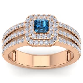 1 Carat Princess Shape Double Halo Blue and White Diamond Engagement Ring In 14 Karat Rose Gold