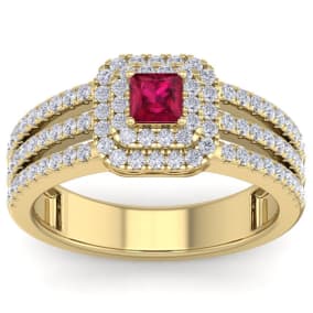 1 Carat Princess Shape Double Halo Ruby and Diamond Engagement Ring In 14 Karat Yellow Gold