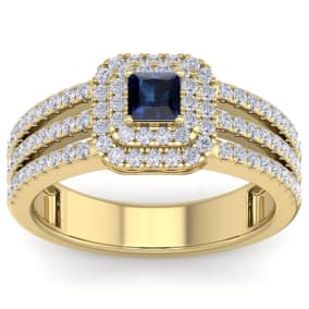 1 Carat Princess Shape Double Halo Sapphire and Diamond Engagement Ring In 14 Karat Yellow Gold
