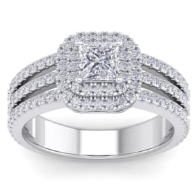 1 1/2 Carat Princess Shape Double Halo Diamond Engagement Ring In 14 Karat White Gold