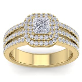 1 1/2 Carat Princess Shape Double Halo Diamond Engagement Ring In 14 Karat Yellow Gold
