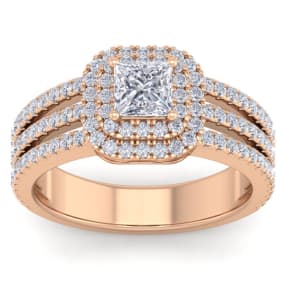 1 1/2 Carat Princess Shape Double Halo Diamond Engagement Ring In 14 Karat Rose Gold