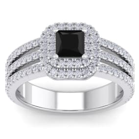 1 1/2 Carat Princess Shape Double Halo Black and White Diamond Engagement Ring In 14 Karat White Gold