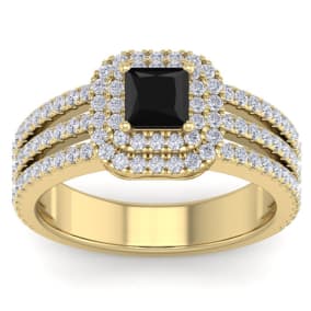 1 1/2 Carat Princess Shape Double Halo Black and White Diamond Engagement Ring In 14 Karat Yellow Gold