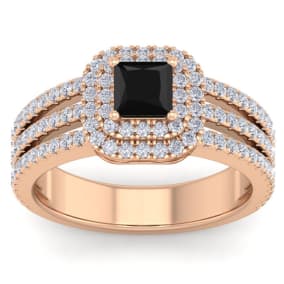 1 1/2 Carat Princess Shape Double Halo Black and White Diamond Engagement Ring In 14 Karat Rose Gold
