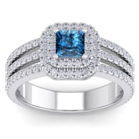 1 1/2 Carat Princess Shape Double Halo Blue and White Diamond Engagement Ring In 14 Karat White Gold