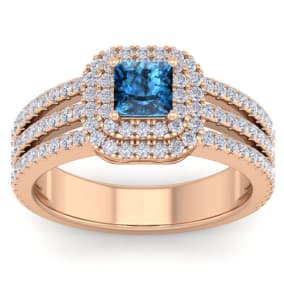 1 1/2 Carat Princess Shape Double Halo Blue and White Diamond Engagement Ring In 14 Karat Rose Gold