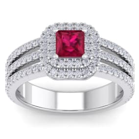 1 1/2 Carat Princess Shape Double Halo Ruby and Diamond Engagement Ring In 14 Karat White Gold