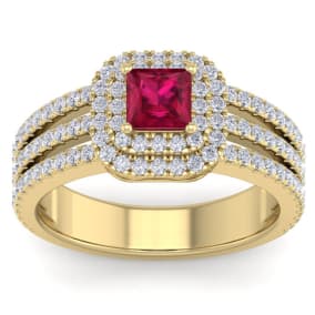 1 1/2 Carat Princess Shape Double Halo Ruby and Diamond Engagement Ring In 14 Karat Yellow Gold