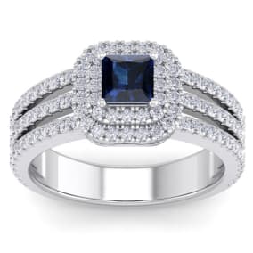 1 1/2 Carat Princess Shape Double Halo Sapphire and Diamond Engagement Ring In 14 Karat White Gold