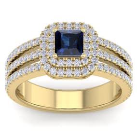 1 1/2 Carat Princess Shape Double Halo Sapphire and Diamond Engagement Ring In 14 Karat Yellow Gold