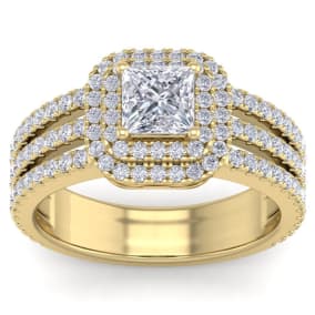 2 Carat Princess Shape Double Halo Diamond Engagement Ring In 14 Karat Yellow Gold