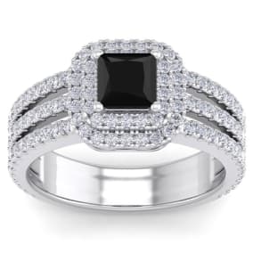 2 Carat Princess Shape Double Halo Black and White Diamond Engagement Ring In 14 Karat White Gold
