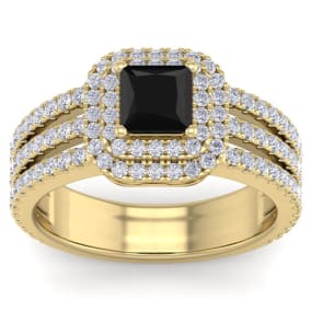 2 Carat Princess Shape Double Halo Black and White Diamond Engagement Ring In 14 Karat Yellow Gold