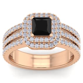 2 Carat Princess Shape Double Halo Black and White Diamond Engagement Ring In 14 Karat Rose Gold