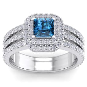 2 Carat Princess Shape Double Halo Blue and White Diamond Engagement Ring In 14 Karat White Gold