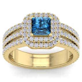 2 Carat Princess Shape Double Halo Blue and White Diamond Engagement Ring In 14 Karat Yellow Gold