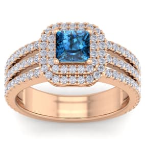 2 Carat Princess Shape Double Halo Blue and White Diamond Engagement Ring In 14 Karat Rose Gold
