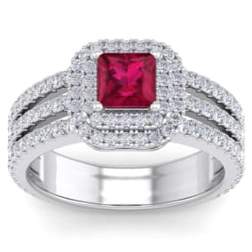 2 Carat Princess Shape Double Halo Ruby and Diamond Engagement Ring In 14 Karat White Gold