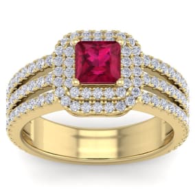 2 Carat Princess Shape Double Halo Ruby and Diamond Engagement Ring In 14 Karat Yellow Gold