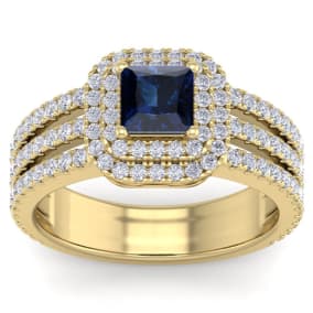 2 Carat Princess Shape Double Halo Sapphire and Diamond Engagement Ring In 14 Karat Yellow Gold
