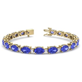 11 Carat Oval Shape Tanzanite and Diamond Bracelet In 14 Karat Yellow Gold, 7 Inches