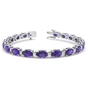 8 1/2 Carat Oval Shape Amethyst and Diamond Bracelet In 14 Karat White Gold, 7 Inches