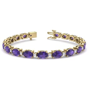 8 1/2 Carat Oval Shape Amethyst and Diamond Bracelet In 14 Karat Yellow Gold, 7 Inches