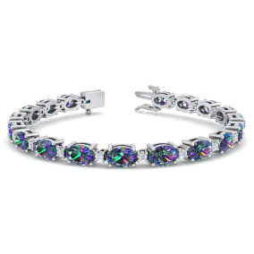 8 1/2 Carat Oval Shape Mystic Topaz and Diamond Bracelet In 14 Karat White Gold, 7 Inches