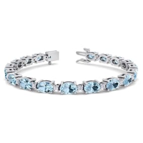 9 Carat Oval Shape Aquamarine and Diamond Bracelet In 14 Karat White Gold, 7 Inches