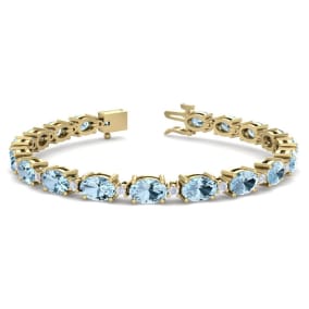 9 Carat Oval Shape Aquamarine and Diamond Bracelet In 14 Karat Yellow Gold, 7 Inches
