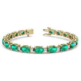 9 Carat Oval Shape Emerald and Diamond Bracelet In 14 Karat Yellow Gold, 9 Carat Oval Shape Emerald and Diamond Bracelet In 14 Karat Yellow Gold, 7 Inches