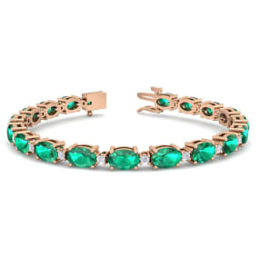 9 Carat Oval Shape Emerald and Diamond Bracelet In 14 Karat Rose Gold, 7 Inches