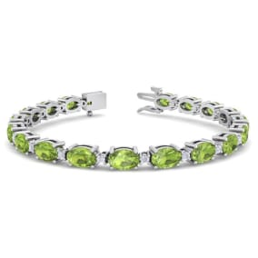 10 Carat Oval Shape Peridot and Diamond Bracelet In 14 Karat White Gold, 7 Inches