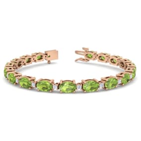 10 Carat Oval Shape Peridot and Diamond Bracelet In 14 Karat Rose Gold, 7 Inches