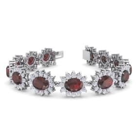 24 Carat Oval Shape Garnet and Halo Diamond Bracelet In 14 Karat White Gold, 7 Inches