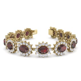 Garnet Bracelet: Garnet Jewelry: 24 Carat Oval Shape Garnet and Halo Diamond Bracelet In 14 Karat Yellow Gold, 7 Inches