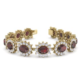 24 Carat Oval Shape Garnet and Halo Diamond Bracelet In 14 Karat Yellow Gold, 7 Inches