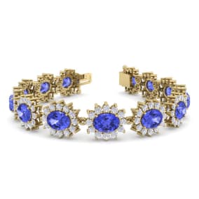 21 Carat Oval Shape Tanzanite and Halo Diamond Bracelet In 14 Karat Yellow Gold, 7 Inches