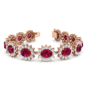 Ruby Bracelet; Ruby Tennis Bracelet; 25 Carat Oval Shape Ruby and Halo Diamond Bracelet In 14 Karat Rose Gold