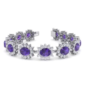 18 Carat Oval Shape Amethyst and Halo Diamond Bracelet In 14 Karat White Gold, 7 Inches