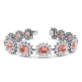Pink Gemstones 19 Carat Oval Shape Morganite and Halo Diamond Bracelet In 14 Karat White Gold, 7 Inches